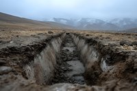 Deep trench cut through barren landscape with snow-capped mountains in background, dramatic perspective of excavated earth channel under moody sky.