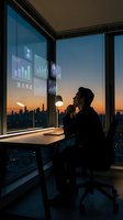 Businessman analyzing holographic data dashboard in modern office at sunset with city skyline view for business intelligence and analytics presentations.