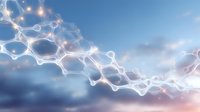 Glowing molecular structure against dreamy sky background with soft clouds and sunset colors, representing scientific innovation and chemical research.