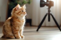 Adorable orange tabby kitten sitting on wooden floor with professional camera equipment in background. Pet photography studio setup for commercial shoots.