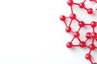 Red molecular structure model on white background, scientific chemistry concept visualization showing atomic bonds and connections. Isolated with copy space.