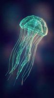 Digital jellyfish with glowing green wireframe structure and flowing tentacles on dark gradient background for modern tech designs.