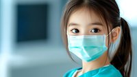 Young Asian woman wearing protective surgical face mask in medical facility, looking at camera with confident expression, healthcare and virus prevention concept.