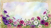 Ornate golden frame with colorful petunias and flowers creating decorative border on soft pastel background for greeting cards and invitations.