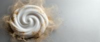 Swirling cream spiral with golden dust particles creating elegant motion on neutral background for luxury cosmetic and beauty product designs.