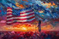 American flag waving against dramatic sunset sky with silhouette of soldier saluting, painted in vibrant impressionistic style with bold brushstrokes and patriotic colors.