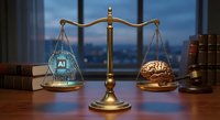 Golden scales of justice balancing AI technology chip against human brain in law office setting with legal books and city skyline background.