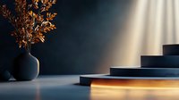 Minimalist product display platform with illuminated base and dark steps against teal wall, featuring decorative vase with copper-toned branches.