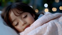Young Asian girl sleeping peacefully in bed with soft bokeh lights in background, wrapped in pink blanket, showing peaceful expression and natural innocence.