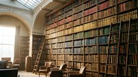 Historic library interior with towering bookshelves filled with antique leather-bound volumes, wooden ladder, and natural skylight illumination for academic research.