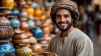 Middle Eastern man with beard wearing traditional headscarf smiles at pottery market. Colorful ceramic vases and traditional crafts create authentic cultural shopping atmosphere.