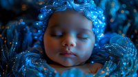 Peaceful sleeping baby surrounded by magical glowing blue lights and sparkles, creating dreamy ethereal atmosphere for nursery art and children photography.