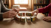 Adult and child hands playing with wooden alphabet blocks on table in warm sunlit room with bookshelves, educational learning activity for early childhood development.