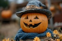 Smiling carved pumpkin wearing blue knitted scarf and gray hat decorated with autumn flowers, festive Halloween outdoor decoration against blurred background.