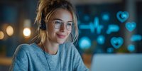 Young woman with glasses and headset smiling while working at computer with medical interface graphics in background, ideal for healthcare tech support.