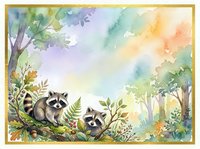 Two raccoons perched on moss-covered branch surrounded by lush forest foliage, ferns, and woodland plants with soft watercolor sky in pastel tones, suitable for children's book illustrations, nursery decor, and nature-themed designs.