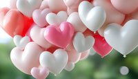 Heart shaped balloons in soft pink, coral and white colors floating against blurred natural background create romantic atmosphere for celebration and love events.