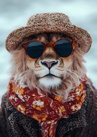 Lion wearing straw hat, retro sunglasses and floral scarf in winter setting. Stylish animal fashion concept with cool vintage accessories and cozy sweater.