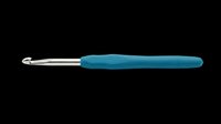 Crochet hook with teal ergonomic handle and silver metal tip, isolated on transparent background. Ready for craft clipart, stickers, t-shirt design, and print on demand use.