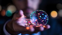 Magical glowing sphere with colorful sparkles floating above open palm against dark background with bokeh lights creates dreamy atmosphere.