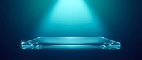 Transparent glass platform podium with dramatic blue lighting effects and glowing atmosphere for product display and presentation backgrounds.