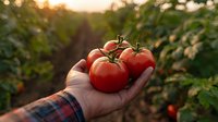 Fresh ripe tomatoes on vine held in farmer's hand wearing plaid shirt at sunset in garden, organic produce harvesting moment captured in warm light.