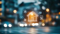 Glowing smart home icon with connected IoT symbols floating over blurred urban background with bokeh lights creating modern technology atmosphere.