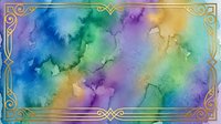 Watercolor gradient background with vibrant blue, green, purple and yellow hues blending seamlessly, ornate gold decorative frame border, suitable for design projects.
