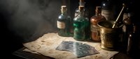 Mystical alchemy laboratory with ancient bottles, potions, tarot cards and brass mortar on weathered parchment creating magical atmospheric scene.