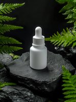 White dropper bottle displayed on dark stone surrounded by fresh green fern leaves, ideal for skincare, cosmetics, wellness and natural beauty product packaging mockups.