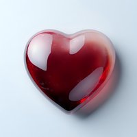 Glossy red glass heart on white background with soft shadow and reflective highlights, isolated object suitable for Valentine's Day designs and romantic concepts.