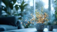 Magical glowing plant in decorative pot on windowsill with bokeh lights and sparkles creating cozy evening atmosphere. Suitable for home decor and lifestyle designs.