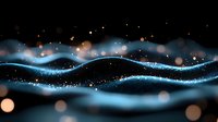 Glowing blue waves with bokeh light effects on dark background create magical atmosphere. Abstract flowing energy lines with sparkles and particles.