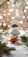 Balanced stones pyramid with pine branches and bokeh lights background. Zen meditation concept with stacked pebbles, winter holiday atmosphere and soft focus.