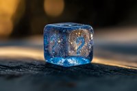 Blue ice cube with air bubbles melting on dark wet surface with warm golden bokeh lights in background creating atmospheric mood for beverage photography.