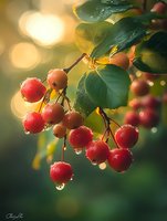 Fresh red crabapples with water drops on branch against blurred golden bokeh background, green leaves catching morning sunlight in garden setting.