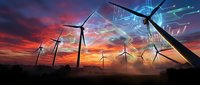 Wind turbines silhouetted against dramatic sunset sky with digital holographic data overlay representing renewable energy technology and sustainable power generation for future.