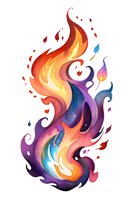 Vibrant flame artwork featuring swirling orange, purple and blue colors with abstract organic shapes and flowing elements on white background, isolated for creative projects.