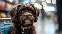 Brown and white small dog with curly coat wearing collar tag, sitting in urban street setting with blurred city lights and bokeh background, suitable for pet care and lifestyle content.