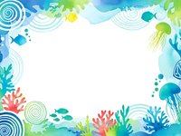Underwater marine life frame with coral reef, jellyfish, fish and seaweed creating decorative border on white background for ocean themed designs.