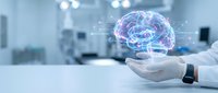 Medical professional holding holographic brain model with neural networks in modern healthcare facility for neuroscience research and AI technology applications.