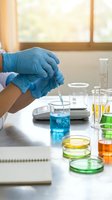 Scientist in blue latex gloves conducting chemical experiment, pipetting blue liquid into glass beaker surrounded by colorful solutions and laboratory equipment on white table near bright window.
