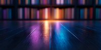 Dramatic perspective view of illuminated surface with neon pink and blue light reflections creating futuristic atmosphere against dark background with bokeh effect.