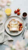 French toast dusted with powdered sugar spelling HELLO, served with fresh strawberries, orange juice, and syrup on a rustic plate.