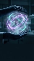 Hands protecting glowing molecular structure with neon orbits representing scientific innovation, biotechnology research and futuristic chemistry concepts.