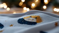 Embroidered lion design on white fabric with golden bokeh lights in background, close-up macro shot showing detailed stitching and textile texture.