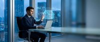 Young Caucasian businessman in suit interacting with holographic real estate interface showing house, sale and rent icons in modern office at night.