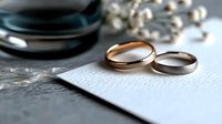 Two elegant gold wedding rings resting on white paper with pearl necklace and dark plates in soft romantic lighting for marriage ceremony planning.