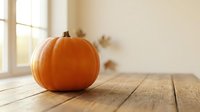 Orange pumpkin on rustic wooden table with soft natural light and blurred autumn window background, cozy fall harvest seasonal decor.