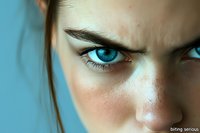 Young woman with striking blue eyes and natural makeup close-up portrait against soft blue background for beauty and skincare concepts.